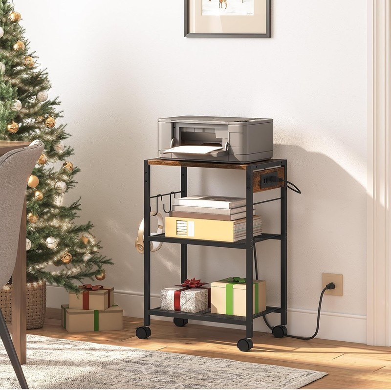 3-Tier Rustic Mobile Printer Stand with Charging Station - Space-Saving Design gallery