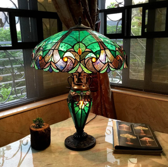 Lamp Tiffany Victorian Style Table Stained Glass Vintage Shade Light Desk Green gallery