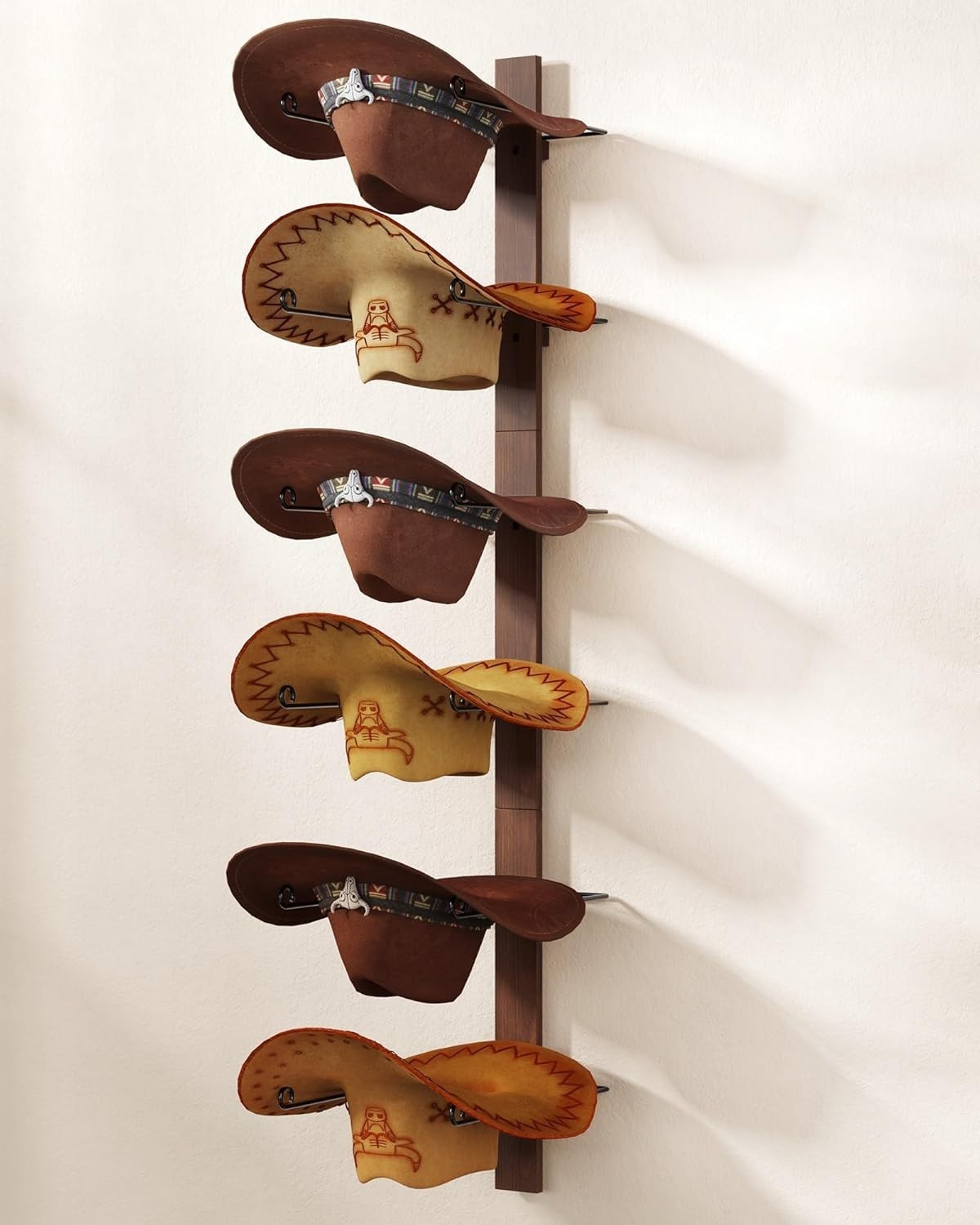 Cowboy Hat Rack Wall Mount Rustic Wood Metal 3-Piece Holds Up to 6 Hats Storage gallery