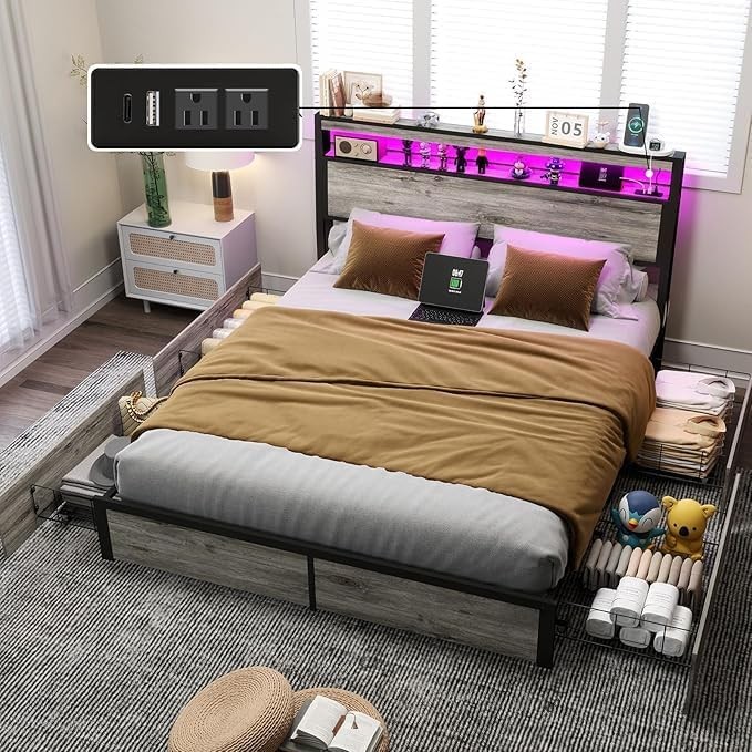 Queen Size Bed Frame with 4 Storage Drawers and Charging Station ＆ LED Lights gallery