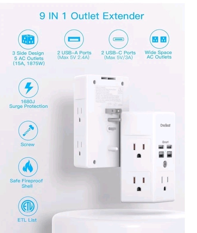 3 Side Power Strip Multi Plug Expander, Surge Protector, 5 Outlets Extender,... gallery