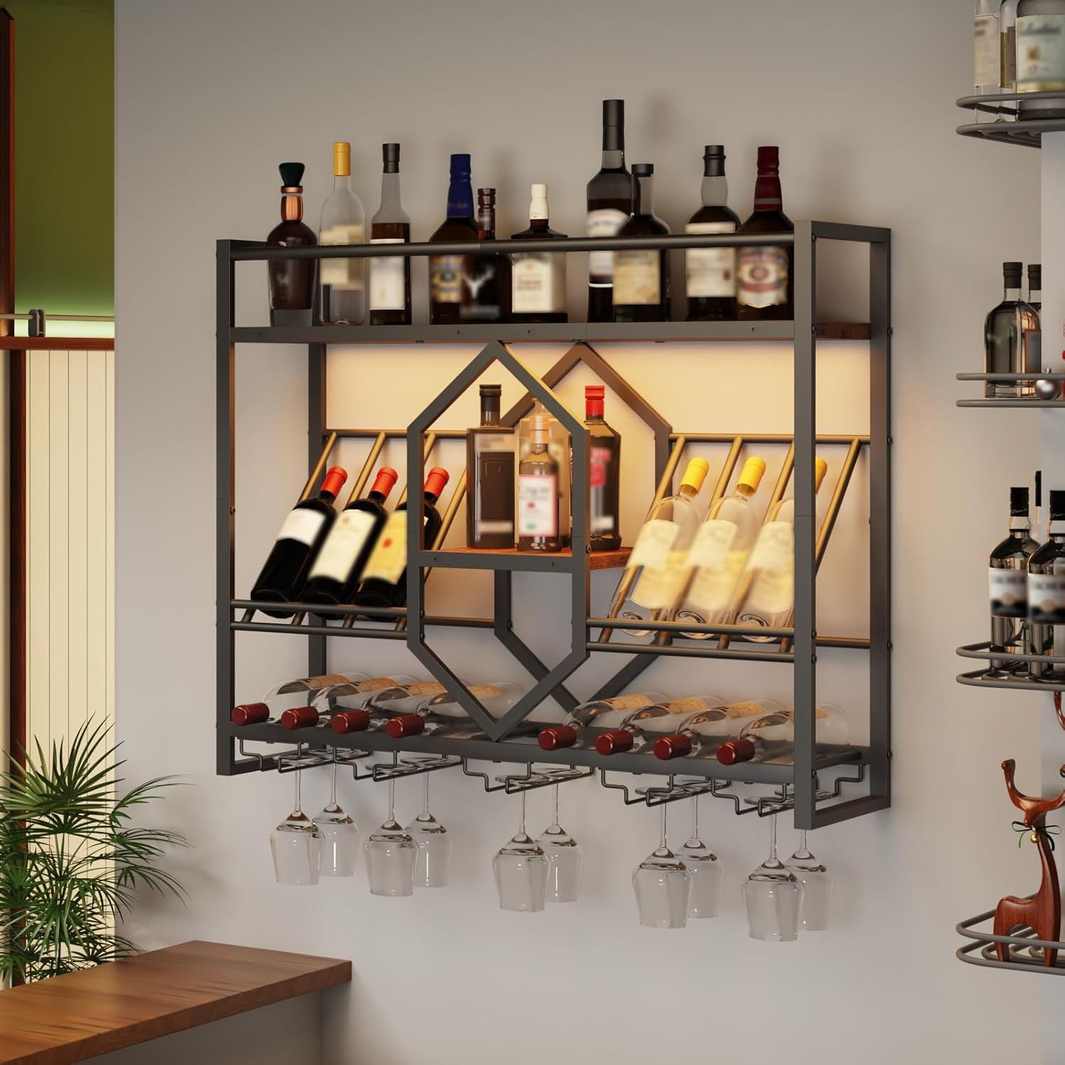 LED Wall Mounted Wine Rack, 3 Tier Shelf with Glass Holder, Rustic Brown & Black gallery