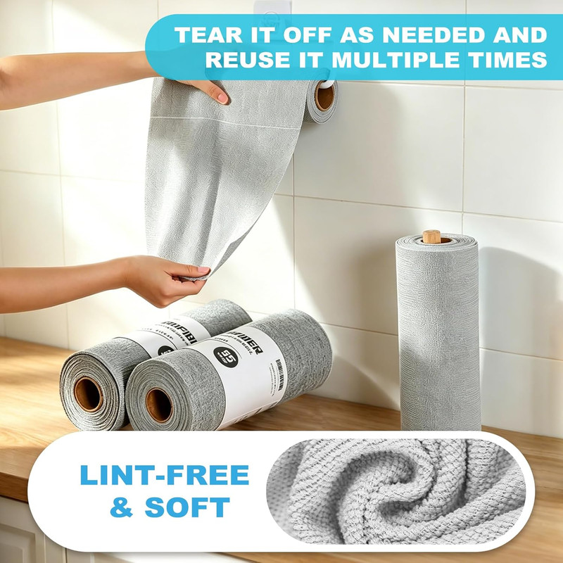 55 Pack Microfiber Cleaning Cloth Roll, Tear Away Reusable Paper Towels, 11" X 9 gallery