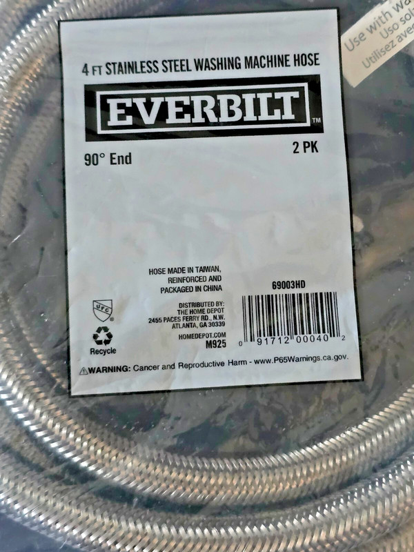 2 Everbilt Stainless Washing Machine Hoses 4 Ft 90 Degree End 69003HD gallery