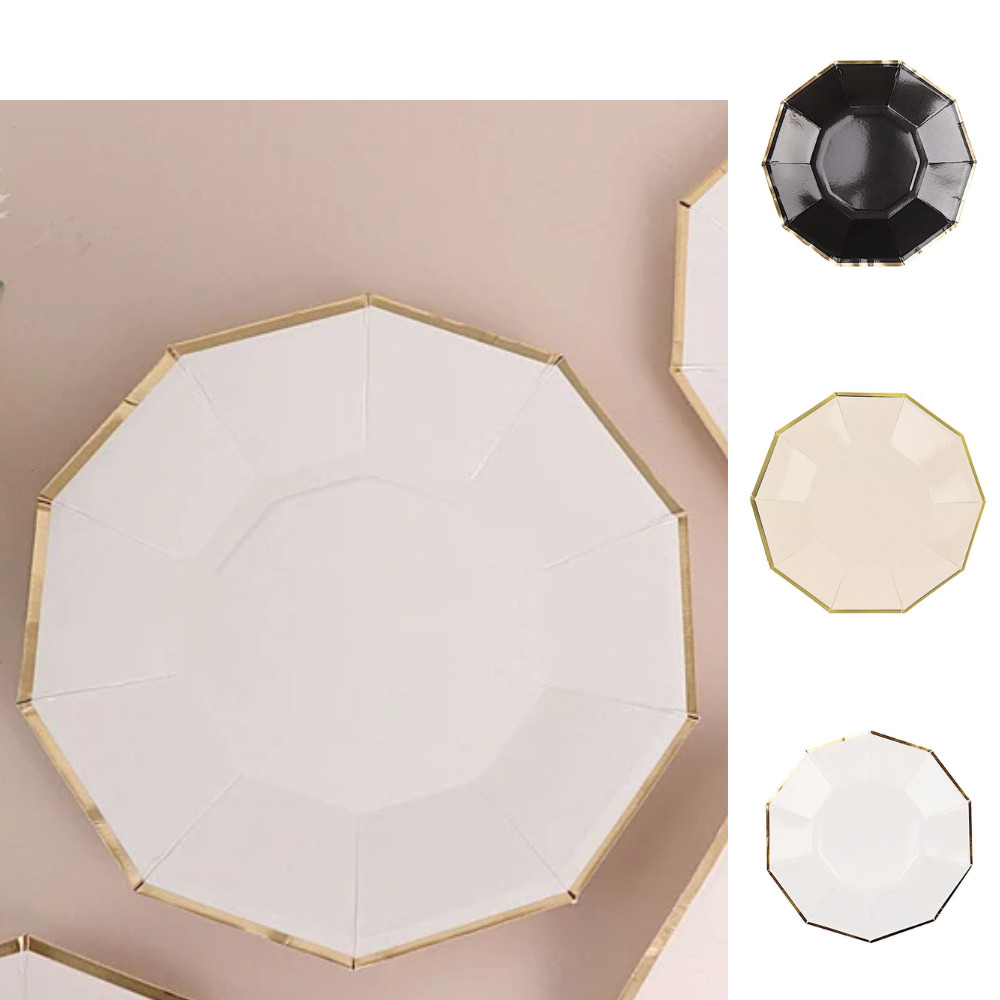 25 pcs 7 in Decagon Disposable Paper Salad Plates Gold Trim Events Tableware gallery