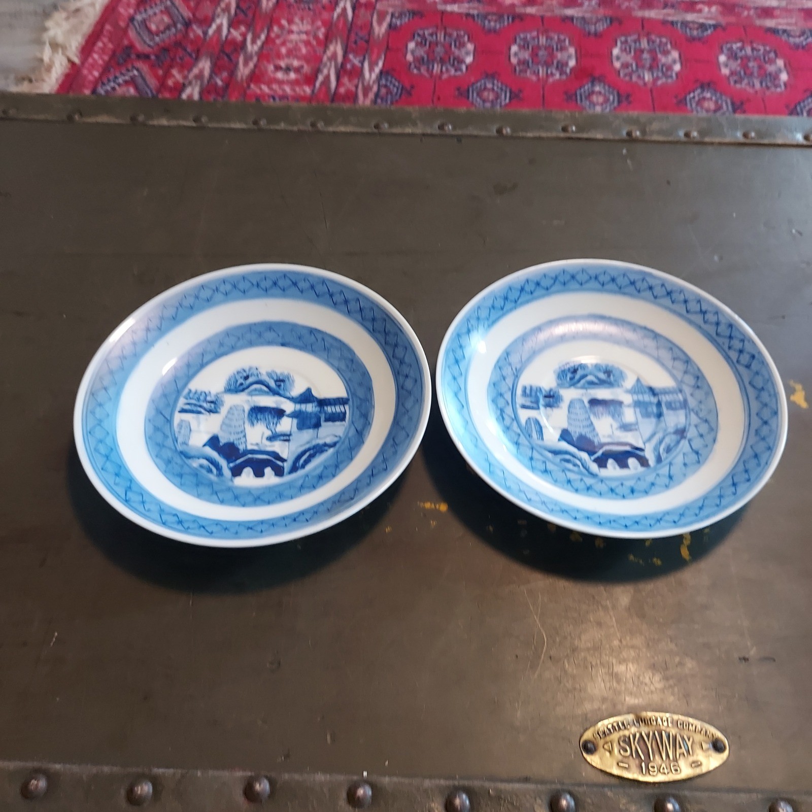 OMANN Old Canton Hand Painted Blue White Porcelain Saucers Set of 2 MCMLXXX 1980 gallery