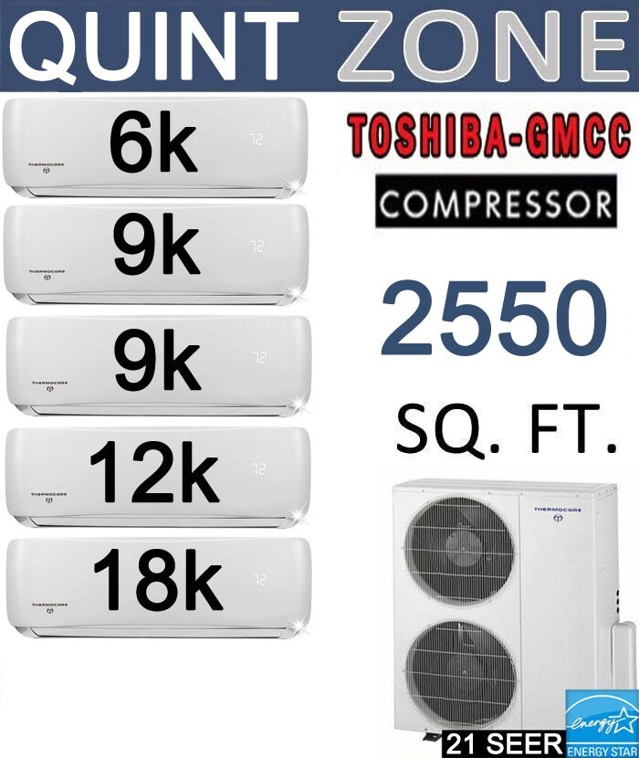 21 SEER: 5 Zone Ductless Mini Split AC/Heat Pump: 6k + 9k x2 + 12k + 18k BTU