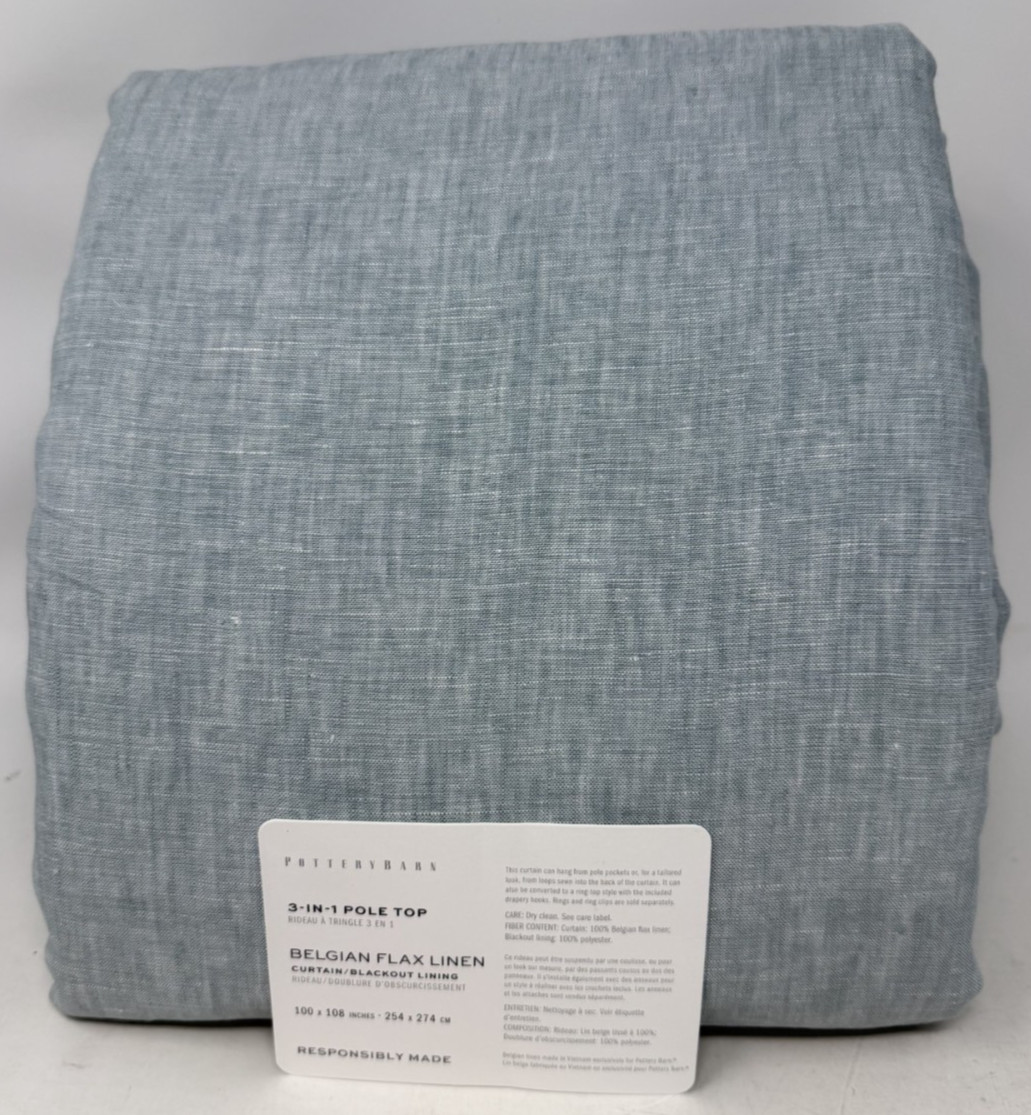 Pottery Barn Belgian Flax Linen Doublewide Blackout Drape 100x108 Mineral Blue gallery