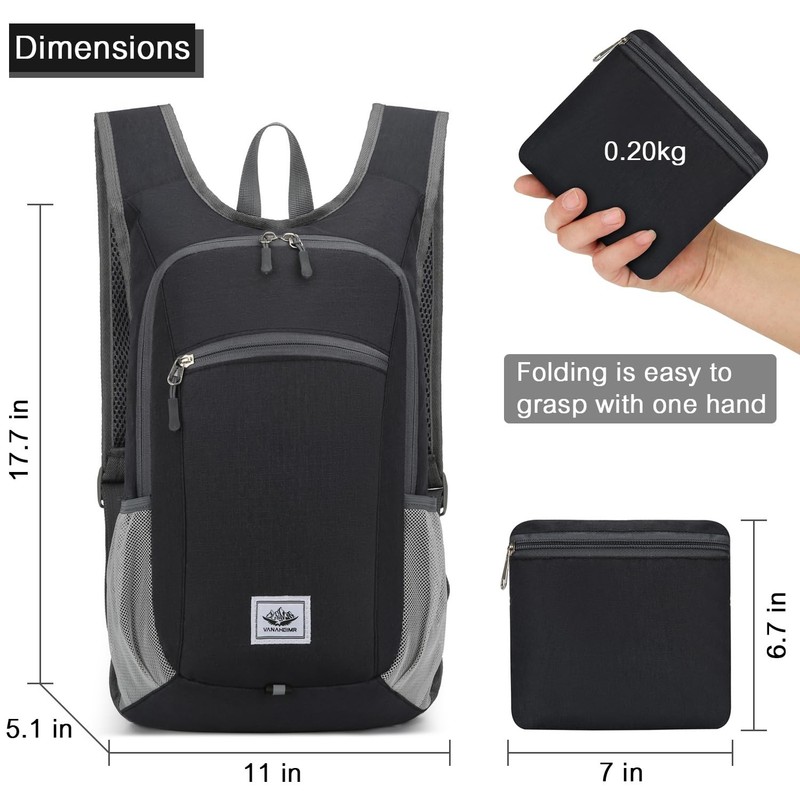 15L Black Lightweight Hiking Backpack Foldable Small Travel Packable Camping 2