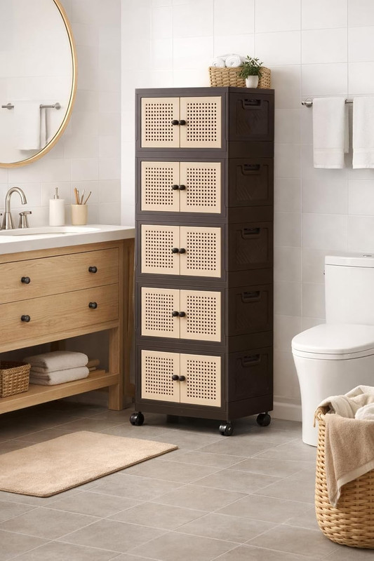 Foldable Plastic Storage Cabinet with Wheels, Rattan-Style Doors, Stackable Orga gallery