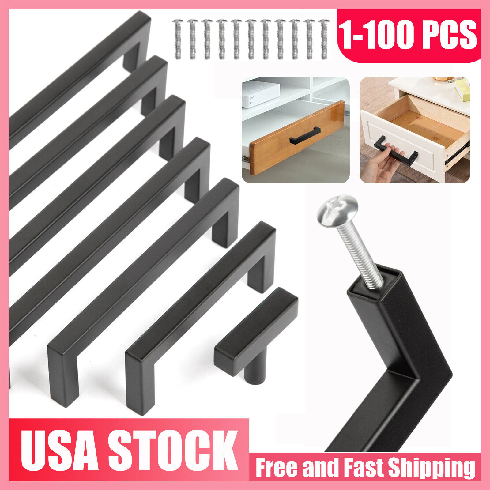 Matte Black Square Modern Cabinet Handles Pulls Kitchen Drawer Stainless Steel gallery