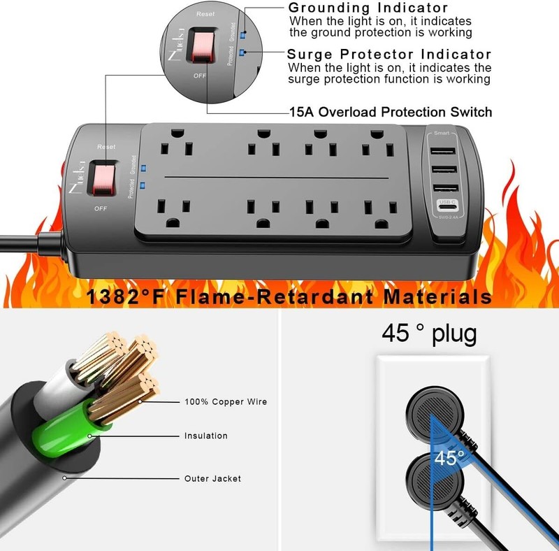 Certified Surge Protector with 8 Outlets & 4 USB Ports - 2700 Joules gallery