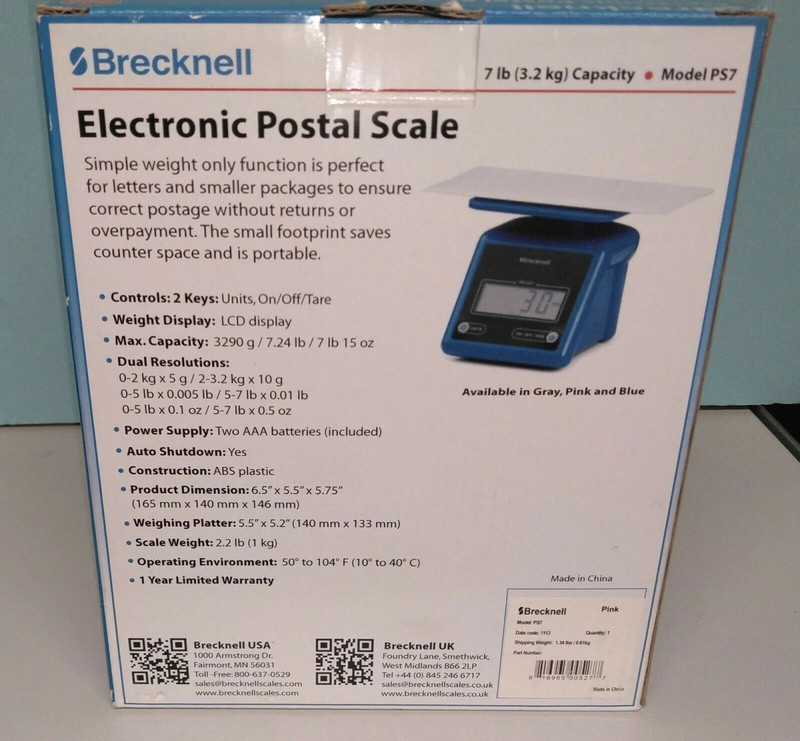 Brecknell PS7 Electronic Portable Parcel Scale 7 lb x 0.5 oz Pink gallery