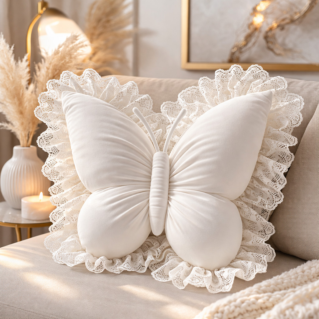 Butterfly Throw Pillow White Lace Ruffle Cushion Princess Sofa Bedroom Decor gallery