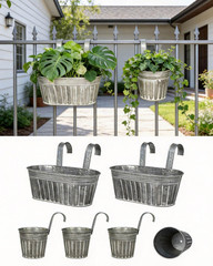 Galvanized Metal Railing Planter for Outdoor Plants – 6 Pack Balcony Hanging Flo
