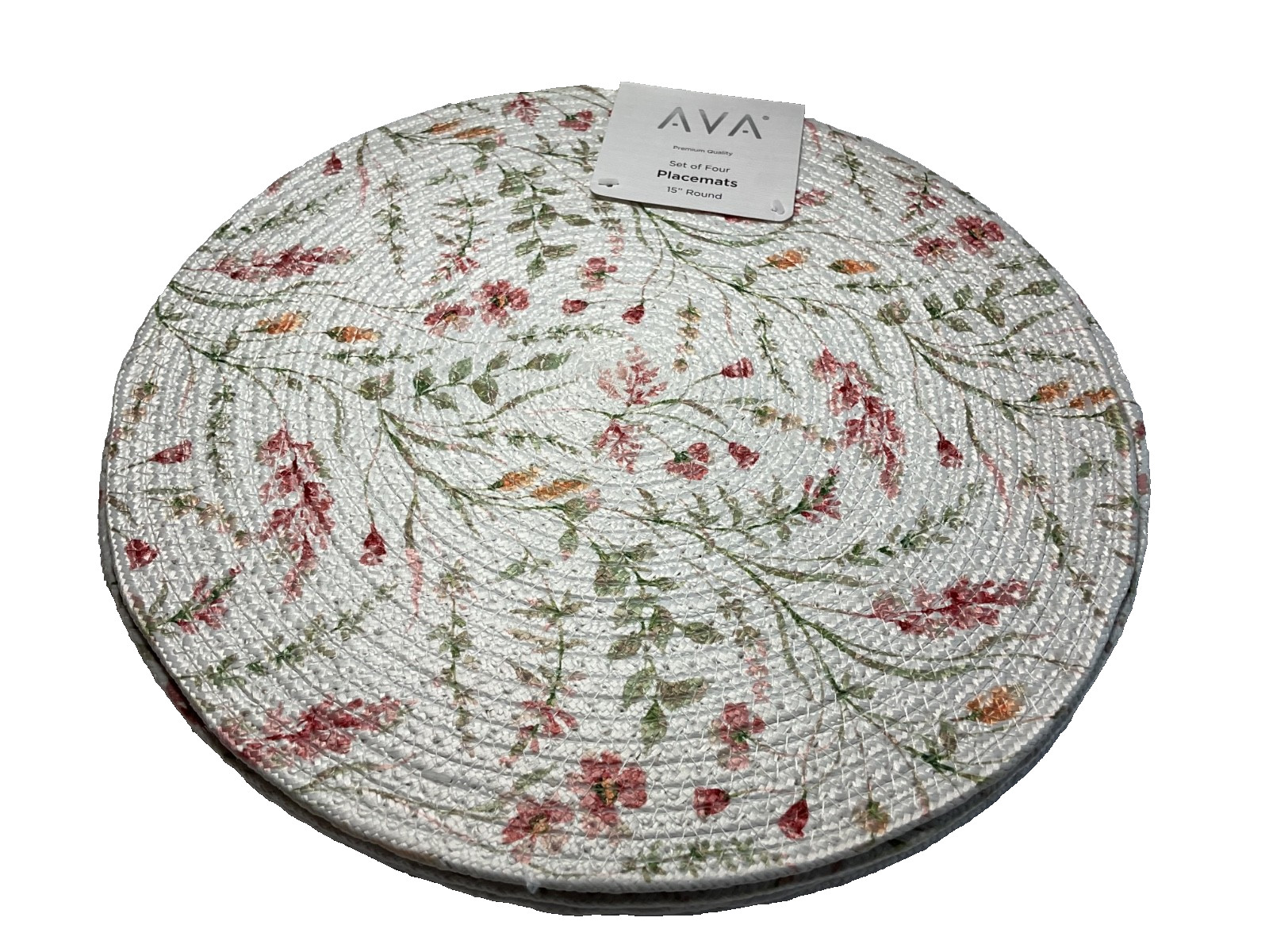 AVA Placemats (4) WHITE PINK GREEN FLORAL WOVEN POLYESTER COTTON NWT gallery