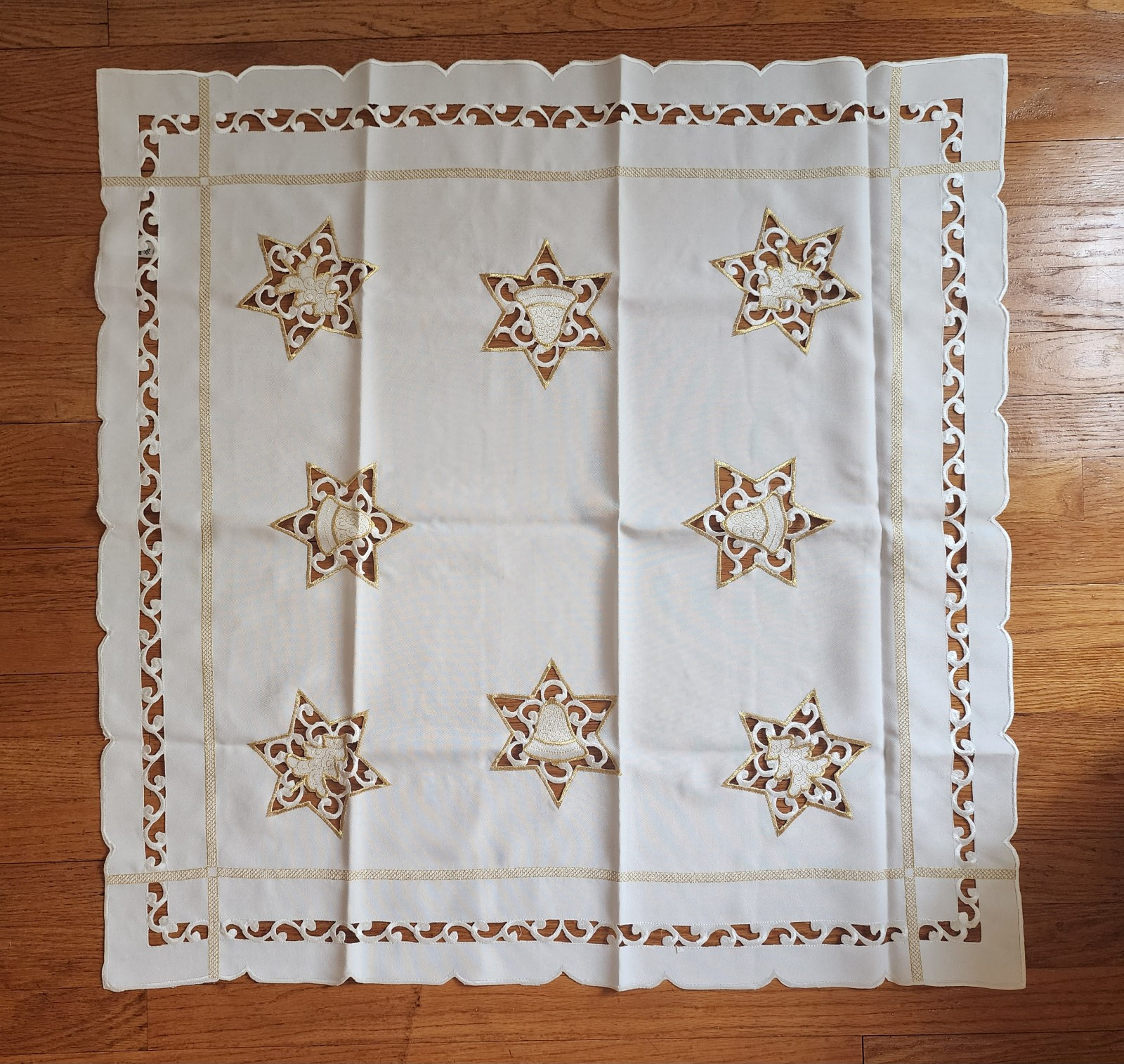 German Embroidered Christmas Tablecloth 33 x 33 inches Stars, Bells, Trees gallery