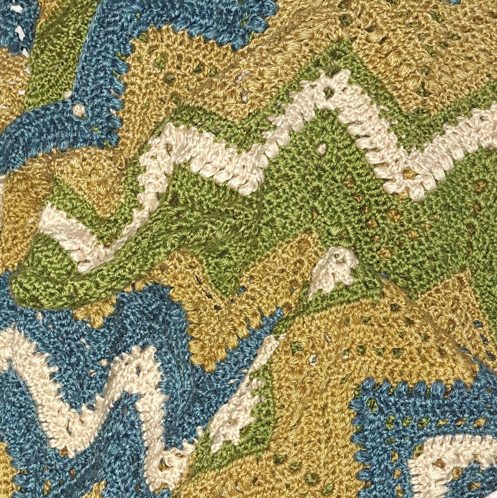 Handmade Chevron Crochet Knit Blanket Throw, Rectangular, Blue Green Beige White gallery