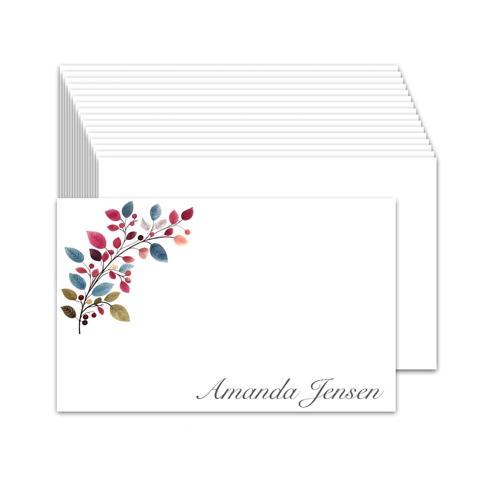 PERSONALIZED - 12 Flat Note cards Floral Stationery with Envelopes - Leaves gallery
