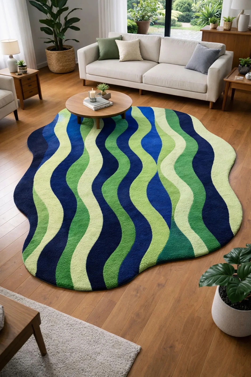 Hand Tufted Blue Green Wavy Rug Modern Abstract Area Carpet gallery