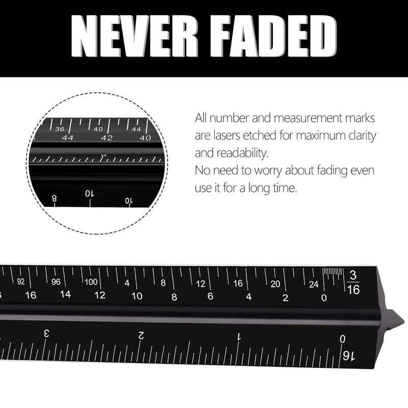 12 Aluminum Triangular Architect Scale Ruler with Laser-Etched Imperial Marks gallery