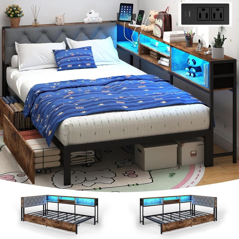 Twin XL Corner Bed Frame with 2 Storage Drawers and Bookself & Charging Station gallery