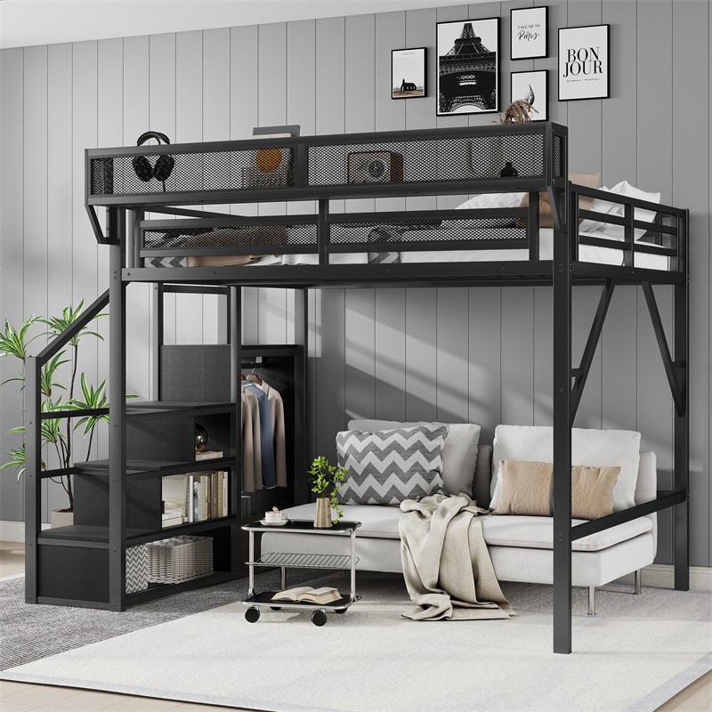 Queen Size Metal High Loft Bed w/Storage Shelves,Storage Stairs & Wardrobe,Black gallery