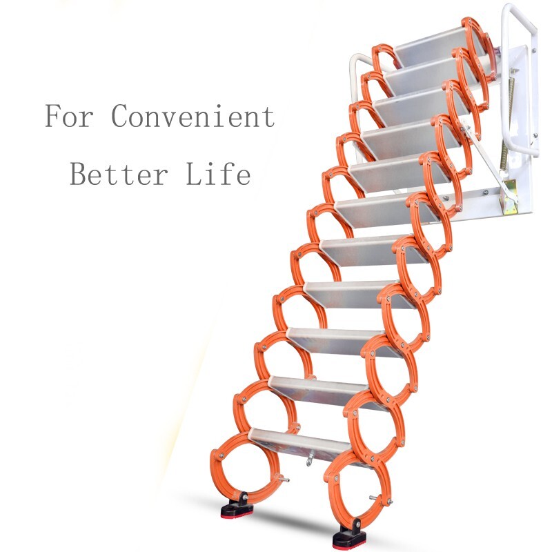 Orange Wall Mounted Collapsible Folding Ladder Loft Stairs 27.6*27.6 in Max9.8ft gallery