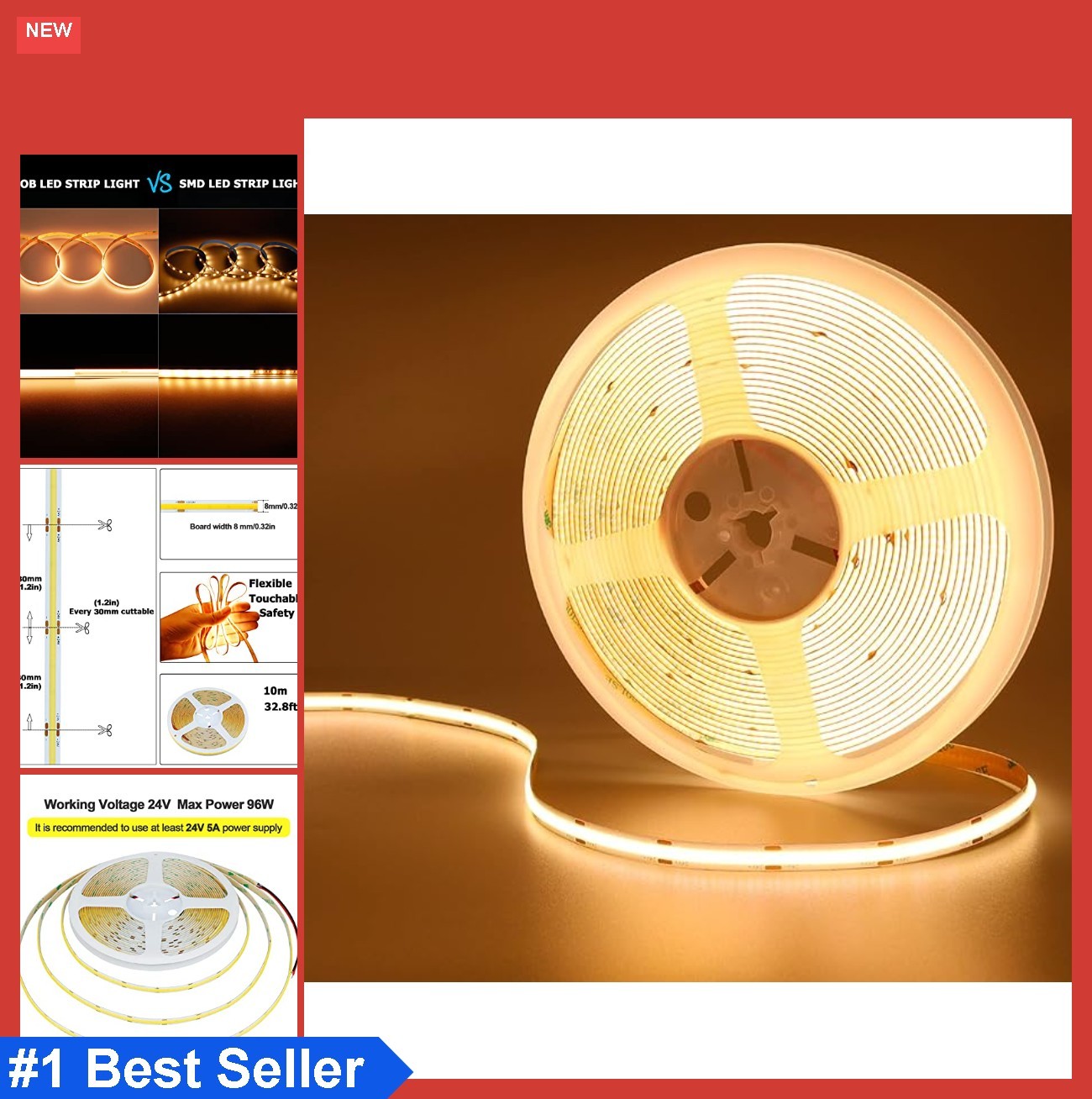COB LED Strip Light 32.8ft 24V Warm White 3000K 3840LEDs CRI 93+ 6800lm gallery