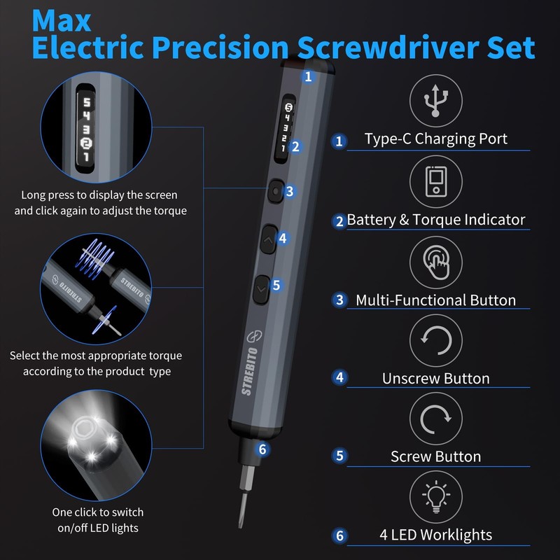 Mini Electric Screwdriver Set 70 in 1 64 S2 Bits 5 Torque 4 LED Lights gallery