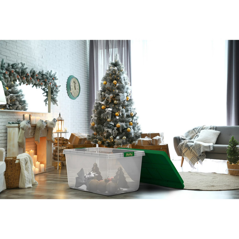 Hefty 72 Qt Clear Plastic Storage Bin, Green Hi-Rise Lid, Stackable Tote, 6 Pack gallery