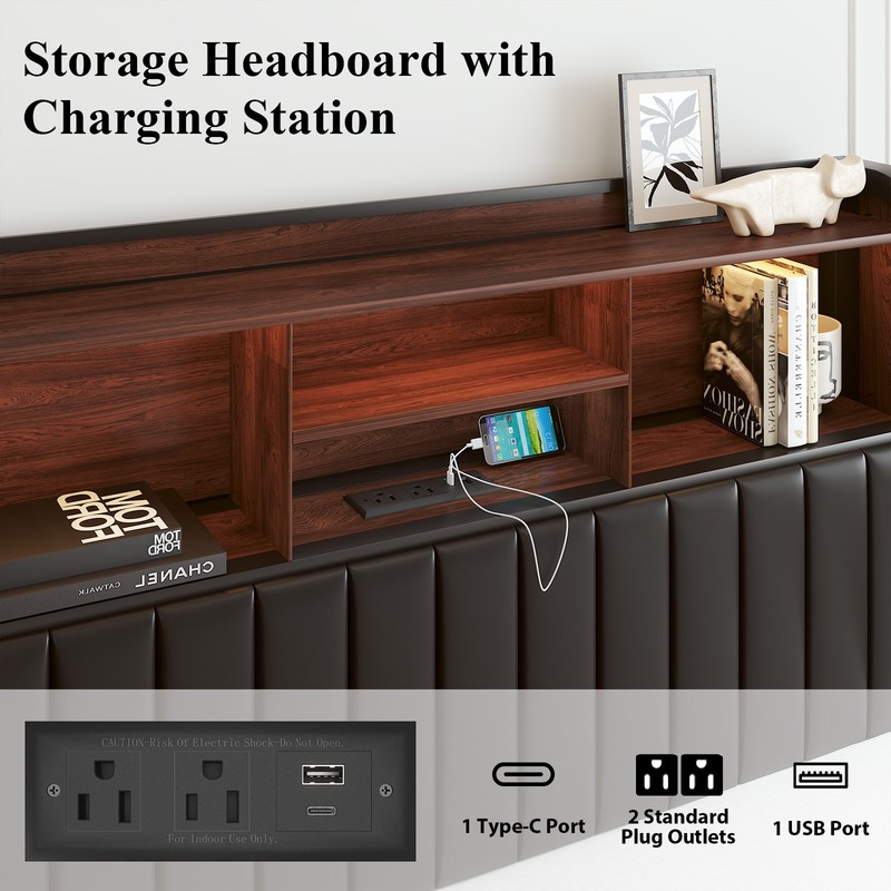 E-Motie Full/Queen LED Bed Frame with Storage Headboard and Charging Station gallery