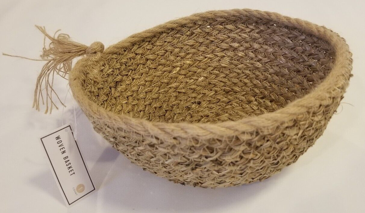 Round Woven Basket with Natural Straw Fibers and Tassel, Size: Medium, 9" Across gallery