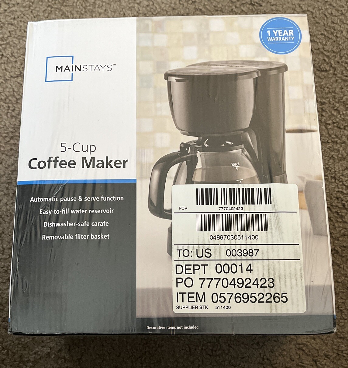 New Mainstays 5 Cup Coffee Maker - Black with Removable Filter Basket gallery