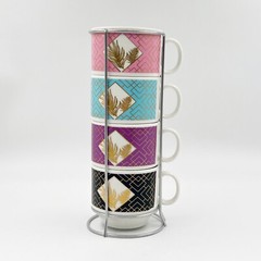 4pcs Stackable Ceramic Espresso Small Cup Set, 4 fl oz, with Stainless Stand