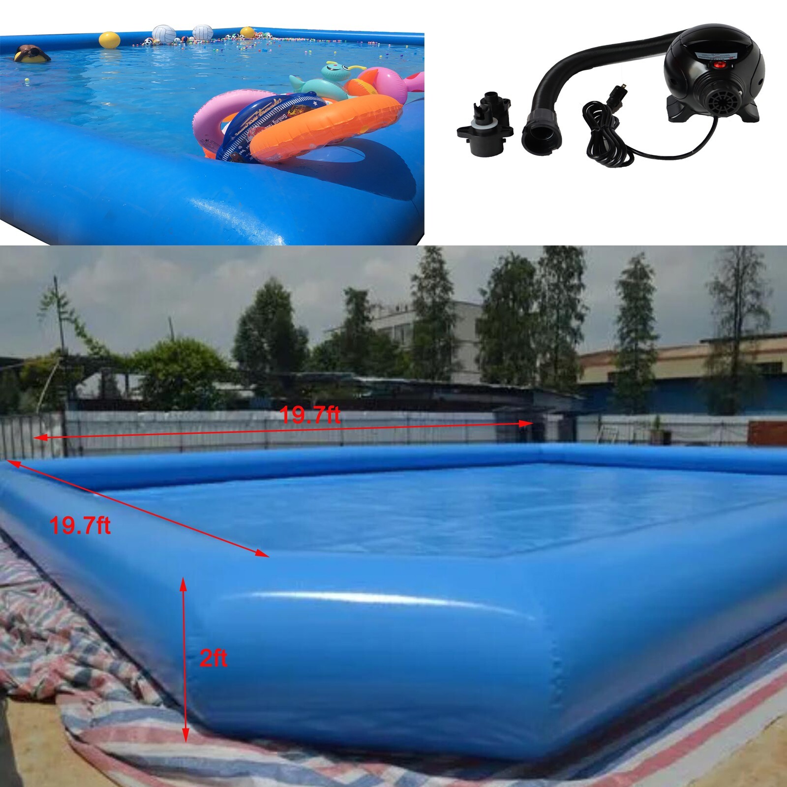 Inflatable Water Pool 19.7x19.7x2ft PVC Inflatable Swimming Pool w/ 110V Blower gallery