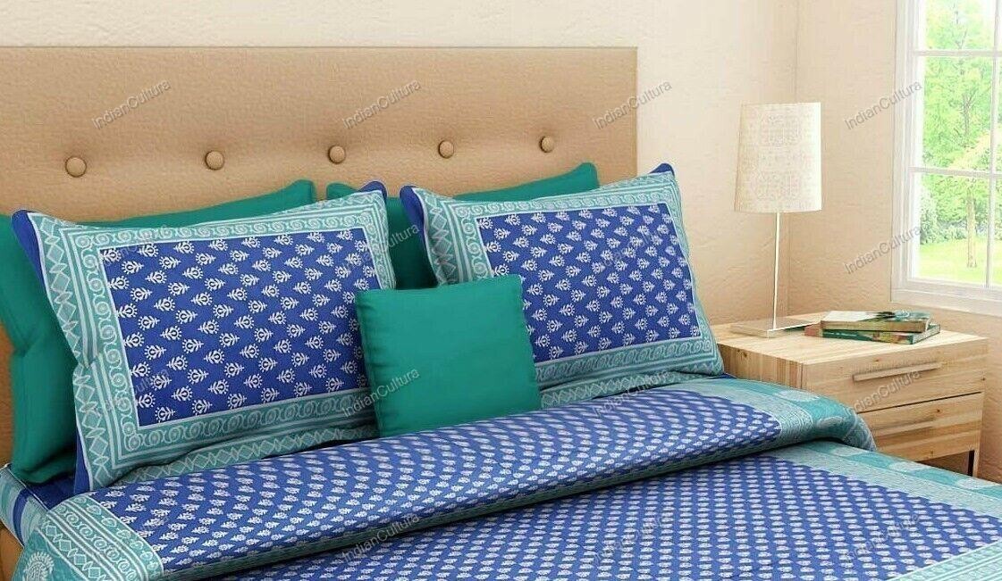 Traditional Screen Printed Blue 3 Kaam Buti Pure Cotton Double BedSheet With 2 P gallery