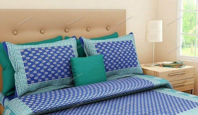Traditional Screen Printed Blue 3 Kaam Buti Pure Cotton Double BedSheet With 2 P gallery