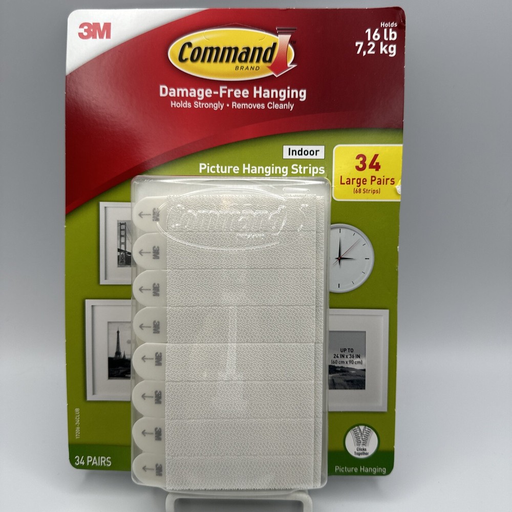 3M Command Picture Hanging Strips Large, 34 Pairs, 68 Strips, Hold 16 lbs Indoor