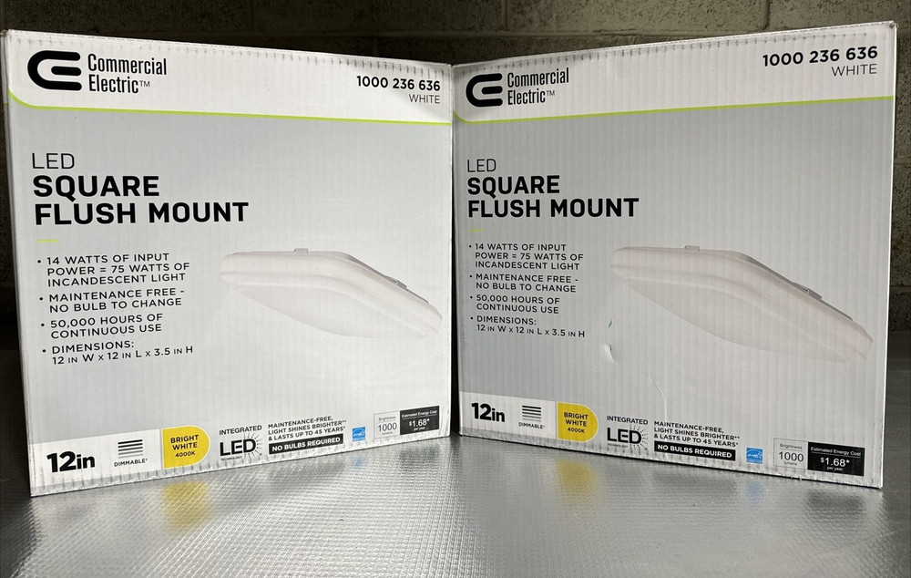 (2-Pk) Hampton Bay 12" Square LED Flush Mount Ceiling Light 4000K Bright White
