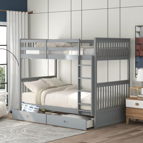 Twin Over Twin Bunk Bed W/ Storage Drawers Wood Platform Beds Bedroom Furniture gallery