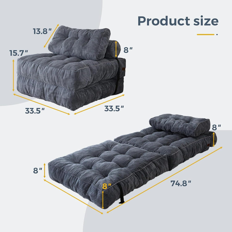 Folding Sofa Bed, Convertible Sleeper Chair with Pillow Foldable Mattress with B gallery
