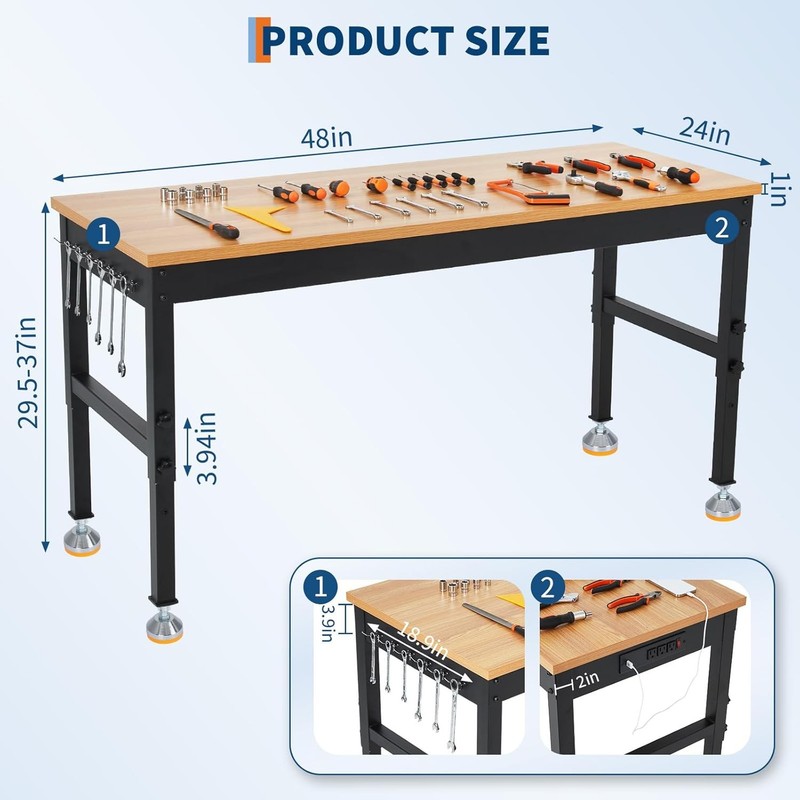 Workpro 48" Workbench Adjustable Height Work Table 2500LBS Load Wood Top Table gallery