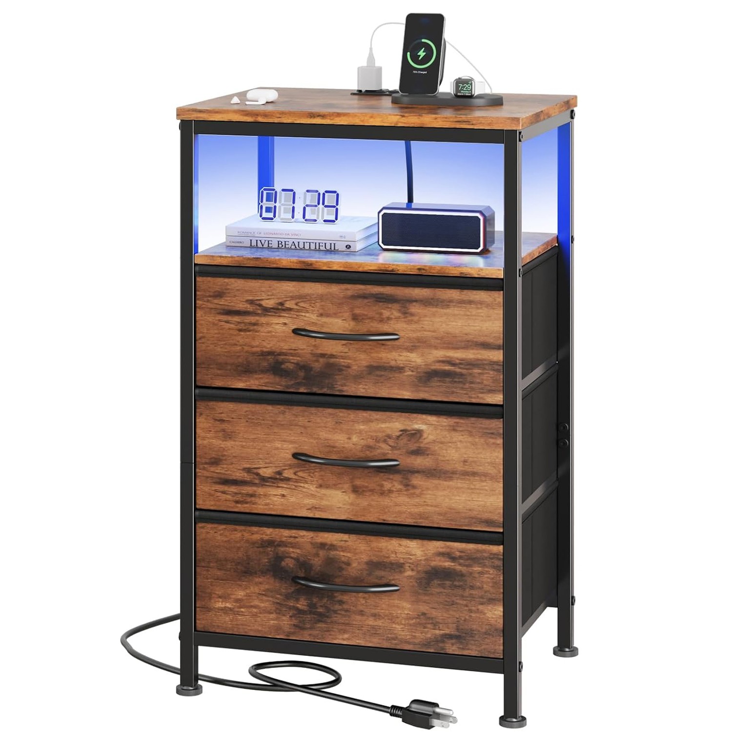 LED Nightstand with 3/4/5 Fabric Drawers & Charging Station,Bed Side End Table gallery