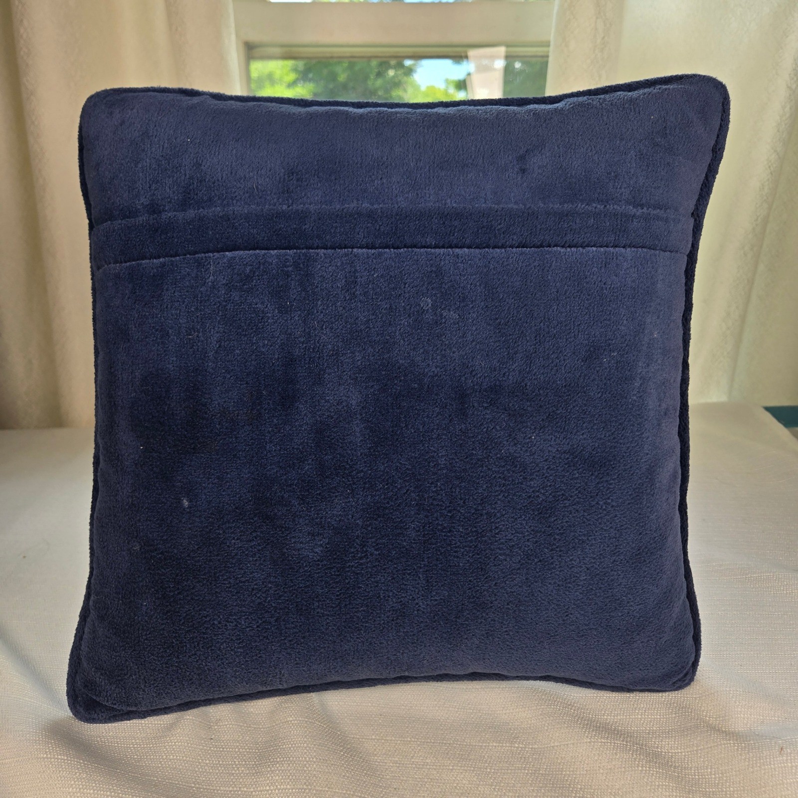 Vintage Style Needlepoint Floral Bird Accent Pillow Navy Blue Cream 14x14 gallery
