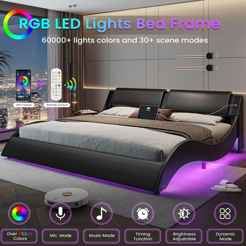 King Size Bed Frame with Headboard,Charging Station,Led Lights Upholstered Beds gallery