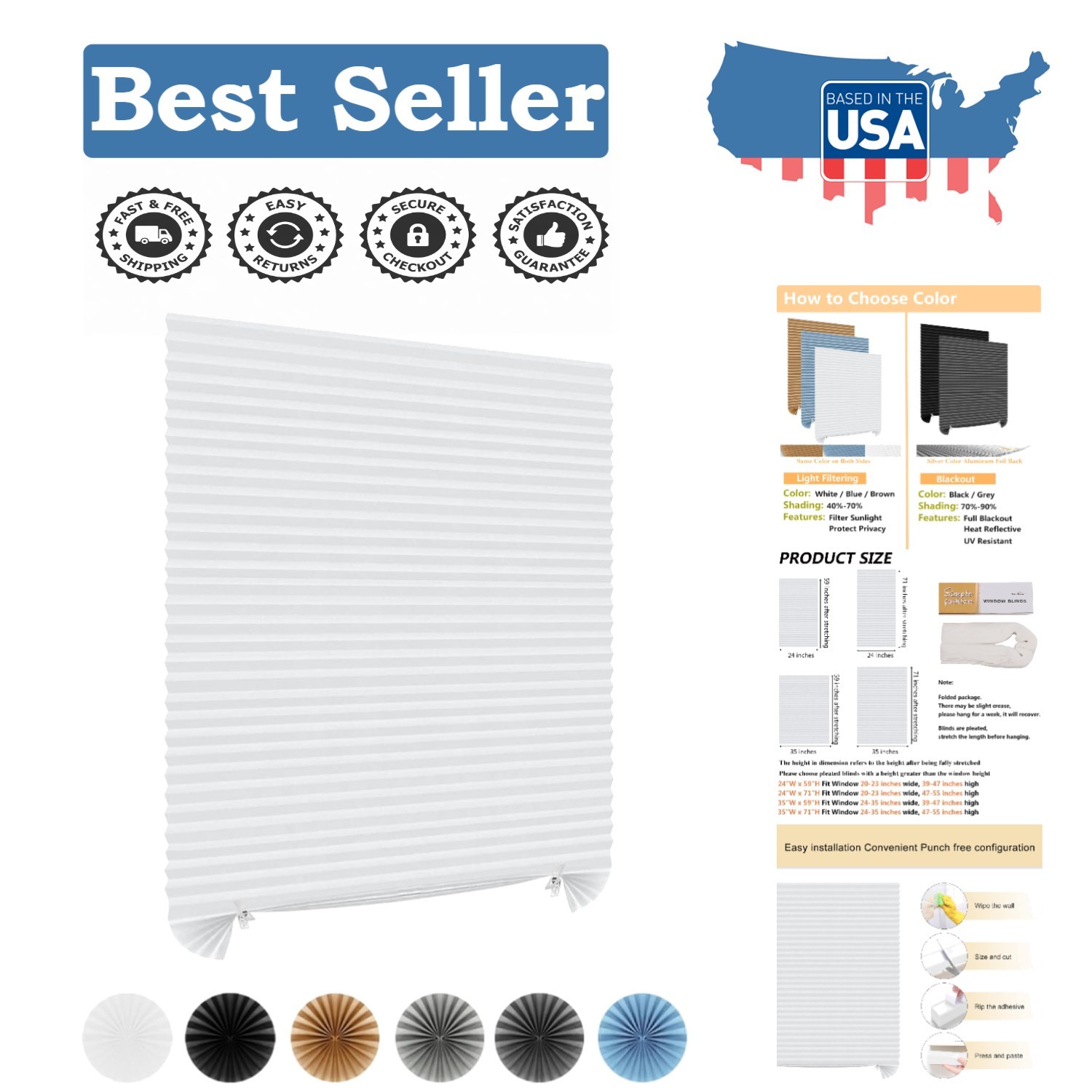 Waterproof Pleated Window Shades - Child Safe Cordless Blinds for Home & Nursery gallery