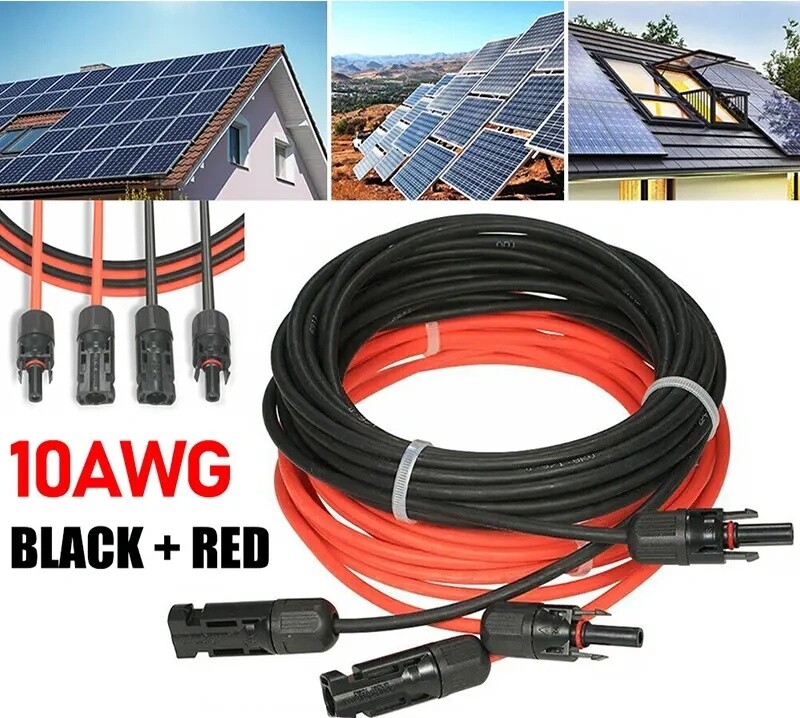 10 AWG Solar Panel Extension Cable PV Wire Solar Connectors Pair Black Red 6mm² gallery