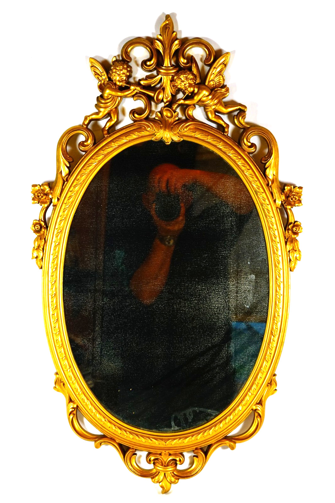Syroco Mirror MCM Angels Cherubs Baroque Rococo Scrolling Floral Oval Wall 2309 gallery