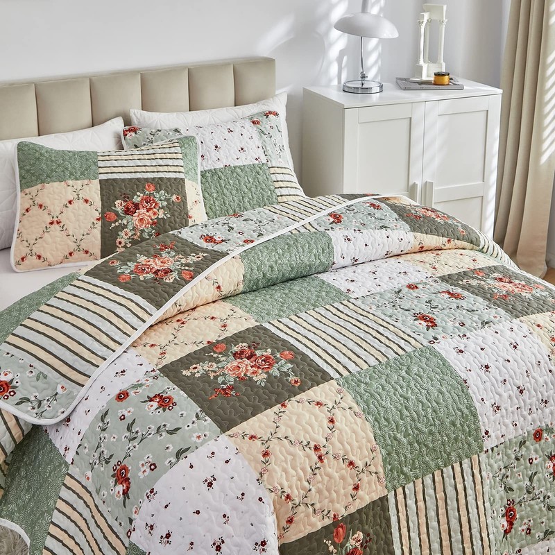 Patchwork Quilts Set King Size - 3 Pieces Floral Quilt Set Green White Plaid wit gallery